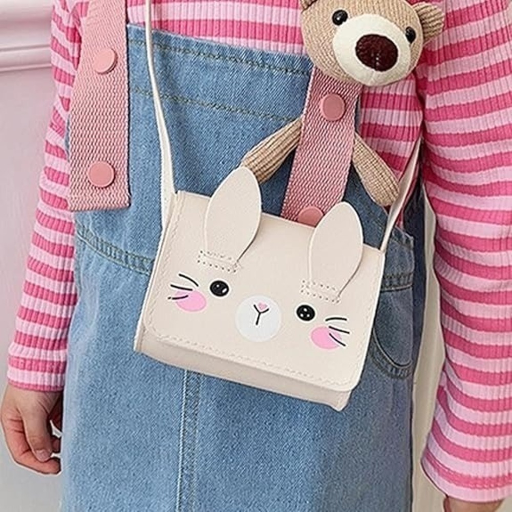 Kids Cute Bunny Face Crossbody Bags, 1 Lavender & 1 Beige, Child Purse - Picture 5 of 10
